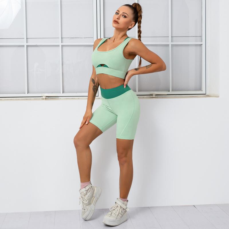 sling backless high waist tight hip-lifting high-elastic hit color vest and shorts set NSNS131746