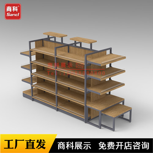 佛山商超精品超市灯光灯箱铁木结合货架木层板四柱双面架厂家批发