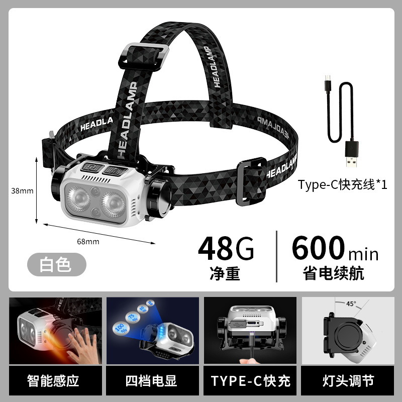 Lámpara de cabeza calva fuerte larga duración de la batería superbrillante carga inductiva LED iluminación portátil linterna al aire libre pesca nocturna ligera portátil