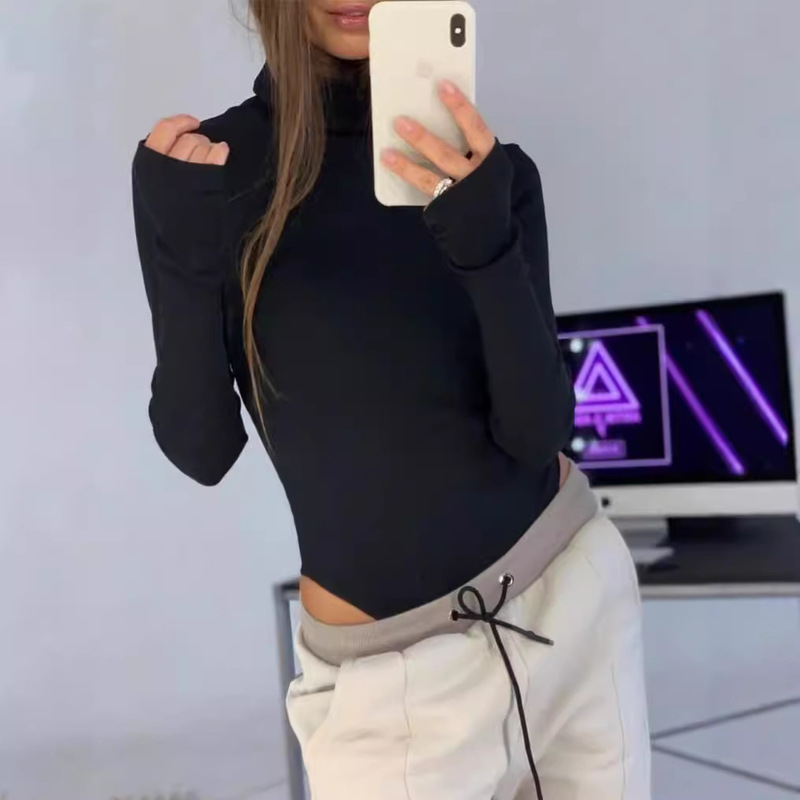 24 Autumn/Winter New Style European and American Export Slim Fit Knitted Turtleneck Base Shirt T-Shirt Long Sleeve Women's Ribbed Jumpsuit