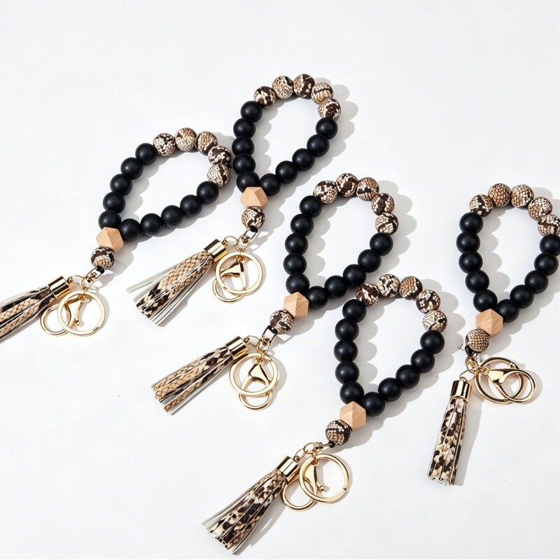 Amazon Leopard Print Silicone Bead Wrist Key Ring Pu Tassel Anti-Lost Keychain Bracelet Silicone Bracelet