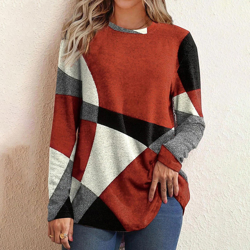 Cross-border Amazon European and American women's clothing 2024 autumn new fashion geometric pattern contrast color long-sleeved T-shirt women's clothing
