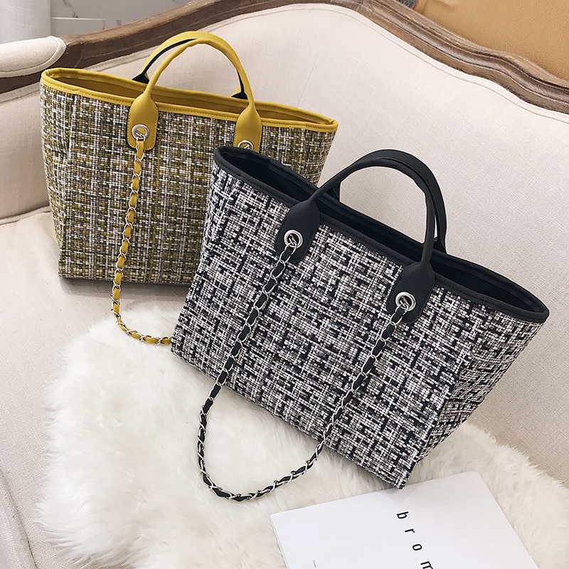 Cross-Border 2025 New Korean Style Women's Bag Fashion Plaid Contrasting Chain Bucket Bag Single Shoulder Satchel Cross-Body Large Bag Trendy
