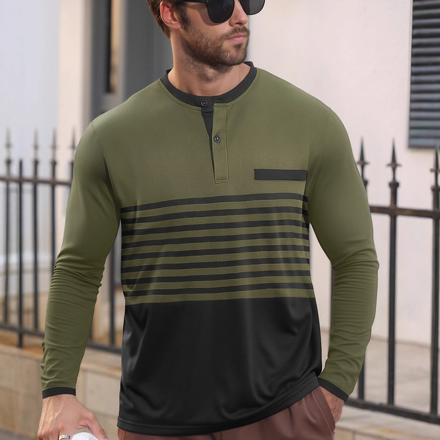 Monochrome Man- 26 Spring Autumn New Style Cross-Border European And American Men's Simple Long-Sleeve Henley Shirt With Buttons_voghion.com