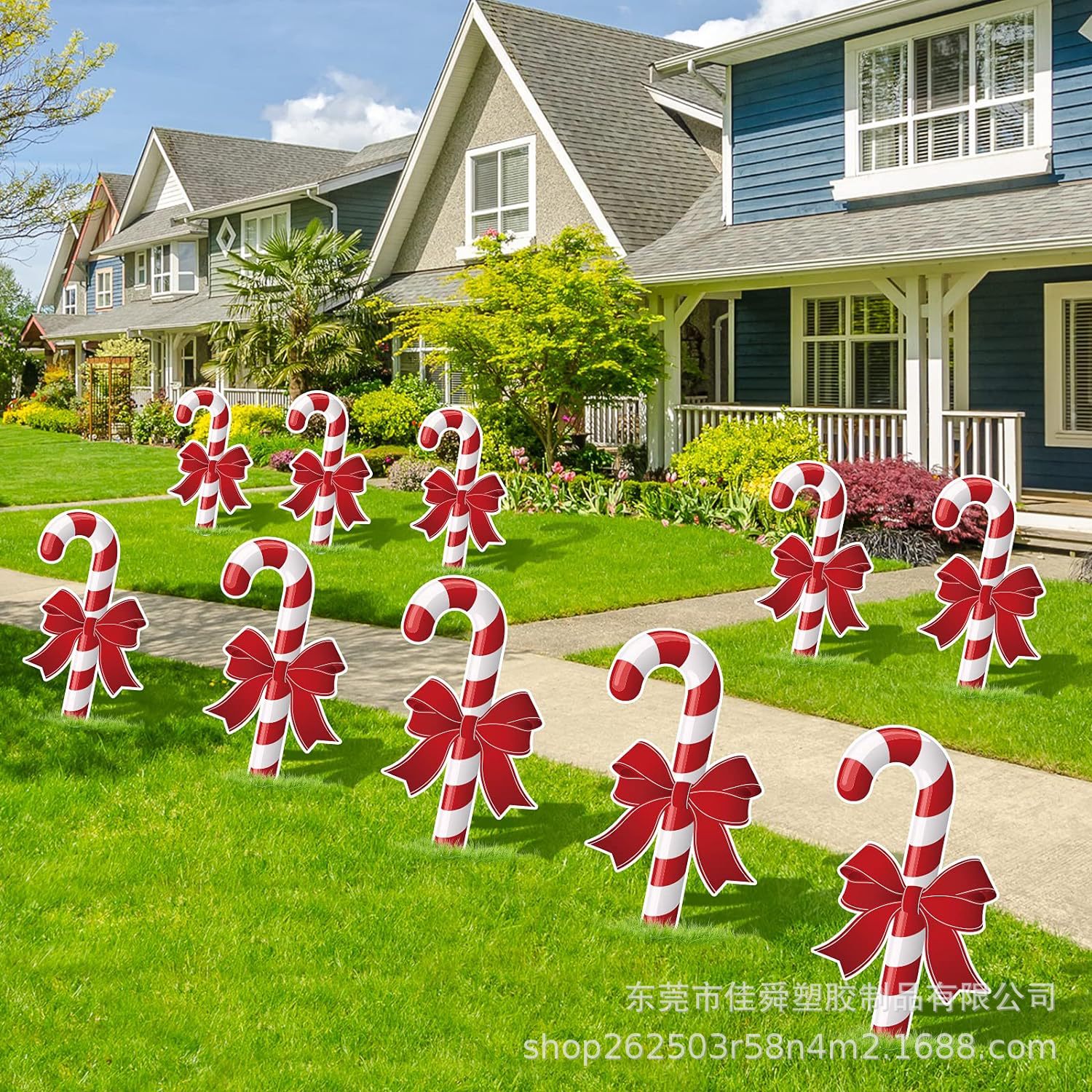 跨境新款2024圣诞节庭院地插牌户外草坪蝴蝶结拐杖糖装饰派对标志