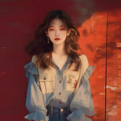 今年人気の美しいシャツ、フランスのユニークなニッチデザイン、韓国の年齢軽減スリムフィットブルーシャツ、トレンディ