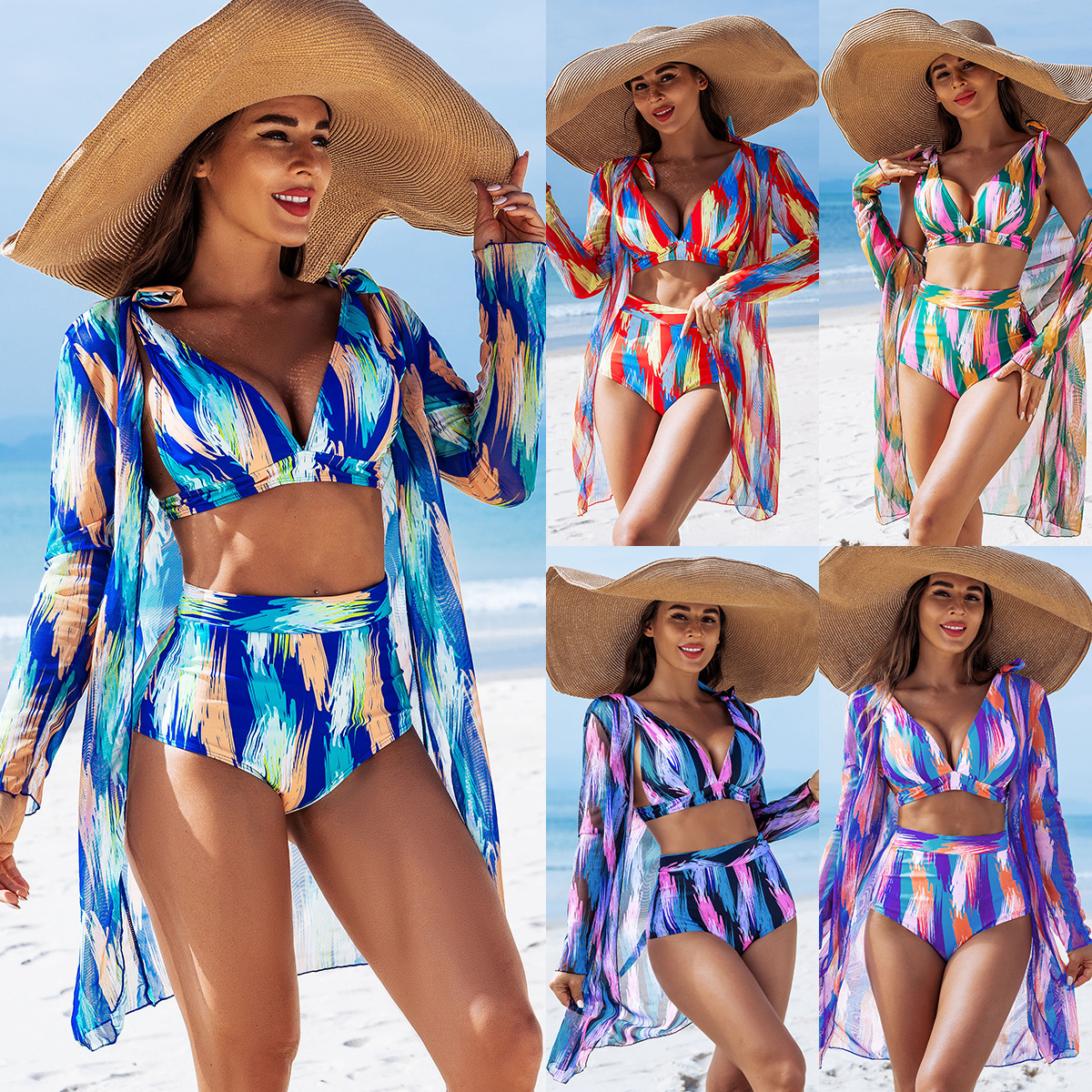 La nueva moda de alta gama sexy jersey de malla multicolor de tres piezas bikini bikini