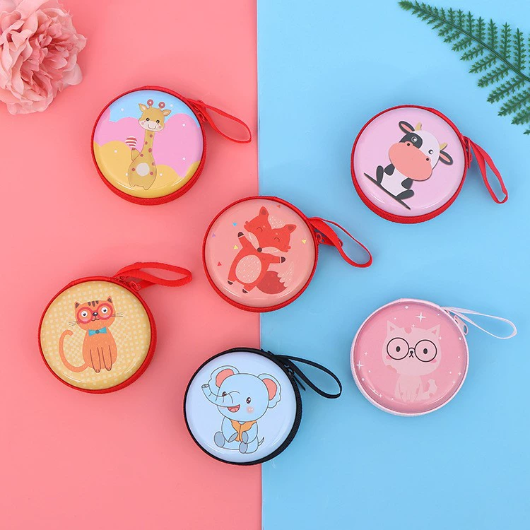 Round tinplate coin purse, zipper with chain, cartoon print, compact 7×7×3 cm