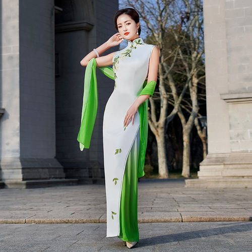 Shows Green red blue gradient Chinese dress cheongsam oriental Qipao  satin sleeveless long cape costumes female temperament elegant team