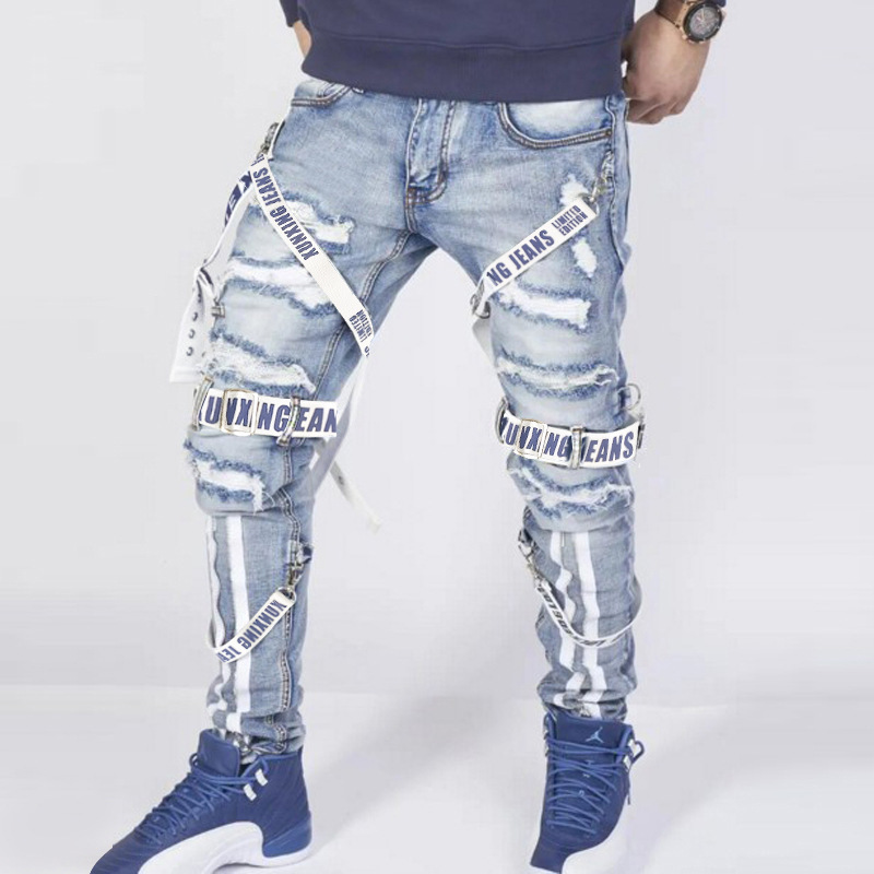 202 Cross-Border European and American Amazon Trendy Patchwork Denim Jeans with Ripped Holes, Slim Fit, Zipper, Men's Fashion Brand