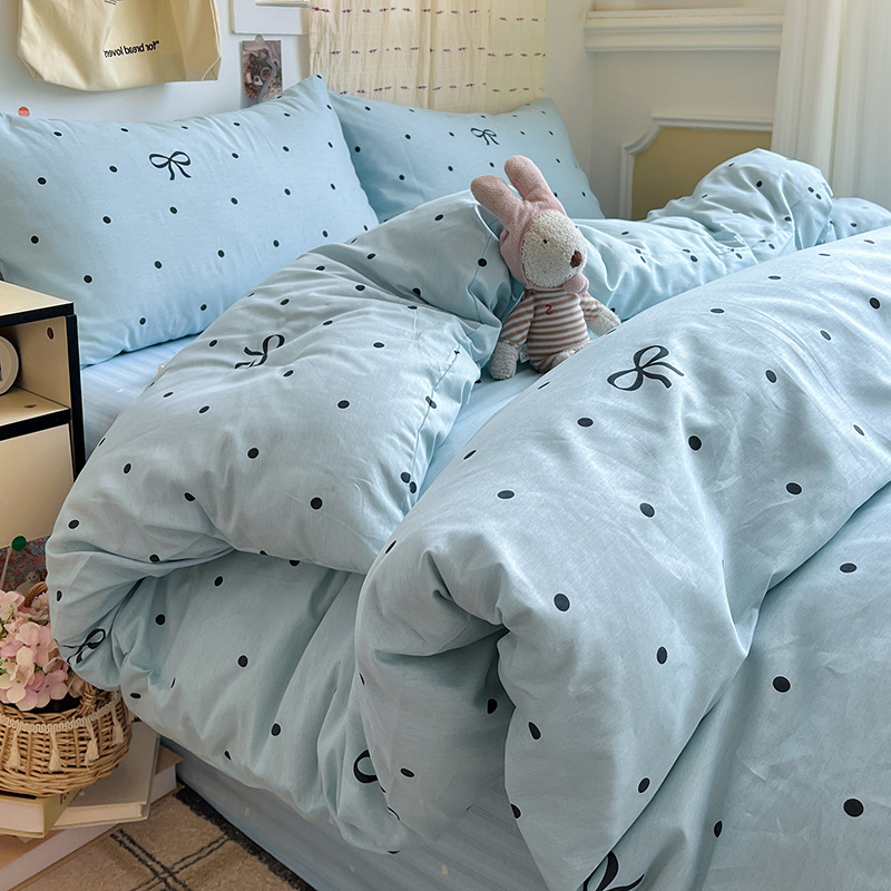 New Cotton Four-Piece Set Ins Cartoon Cute Style Simple Bed Bed Sheets Quilt Cover Bed Bed Sheets Student Dormitory Bed Three-Piece Set