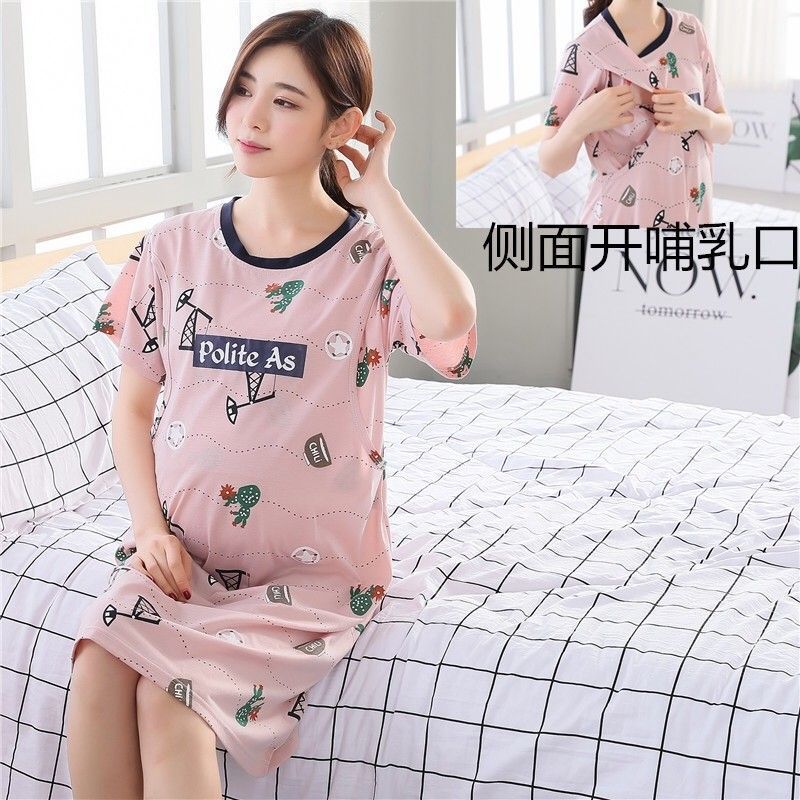 マタニティドレス授乳通気性夏半袖パジャマ授乳ネグリジェ吸汗性産後服産後薄い夏|undefined