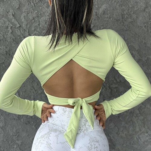 European and American cross-border fitness yoga long-sleeved women's sports beauty back strap top with chest pad, ribbed fabric, soft and skin-friendly