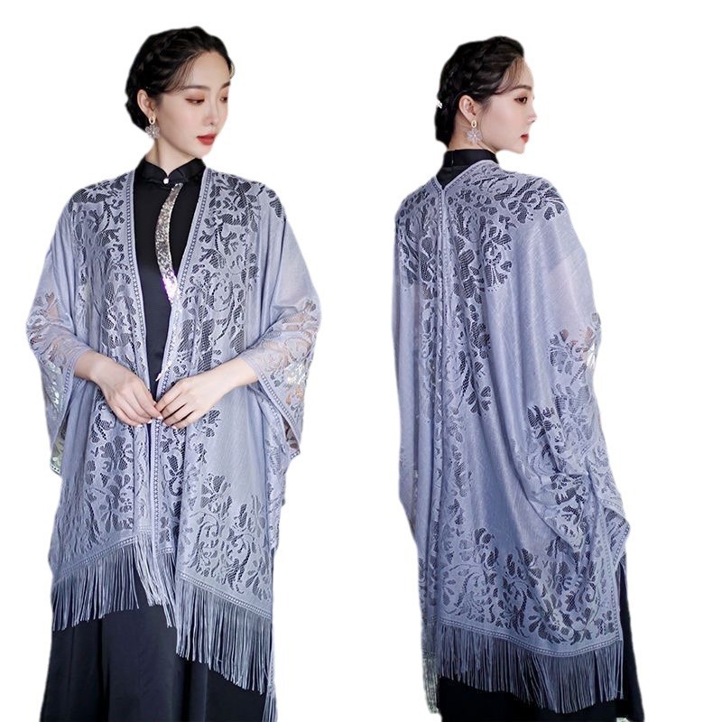 Huakai Zhixia Chaxian borla chal de encaje con cheongsam exterior 2025 nueva camisa de protección solar de rebeca fina de todo fósforo