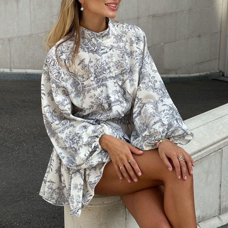Spring New Women's Elegant Stylish Waist Cinching Printed Short Skirt European American Cross Border Dress Fashionable Clothing_ecoleips.com