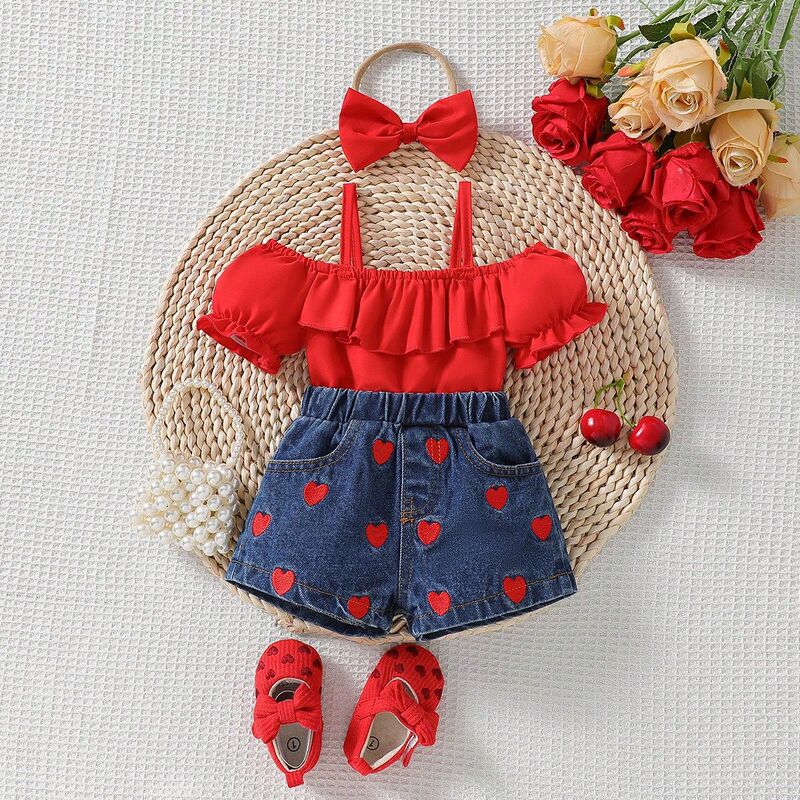 2025 Hot Selling Baby Girl's off-shoulder Lotus Leaf Sling Top Love Embroidered Denim Short suit with Turban