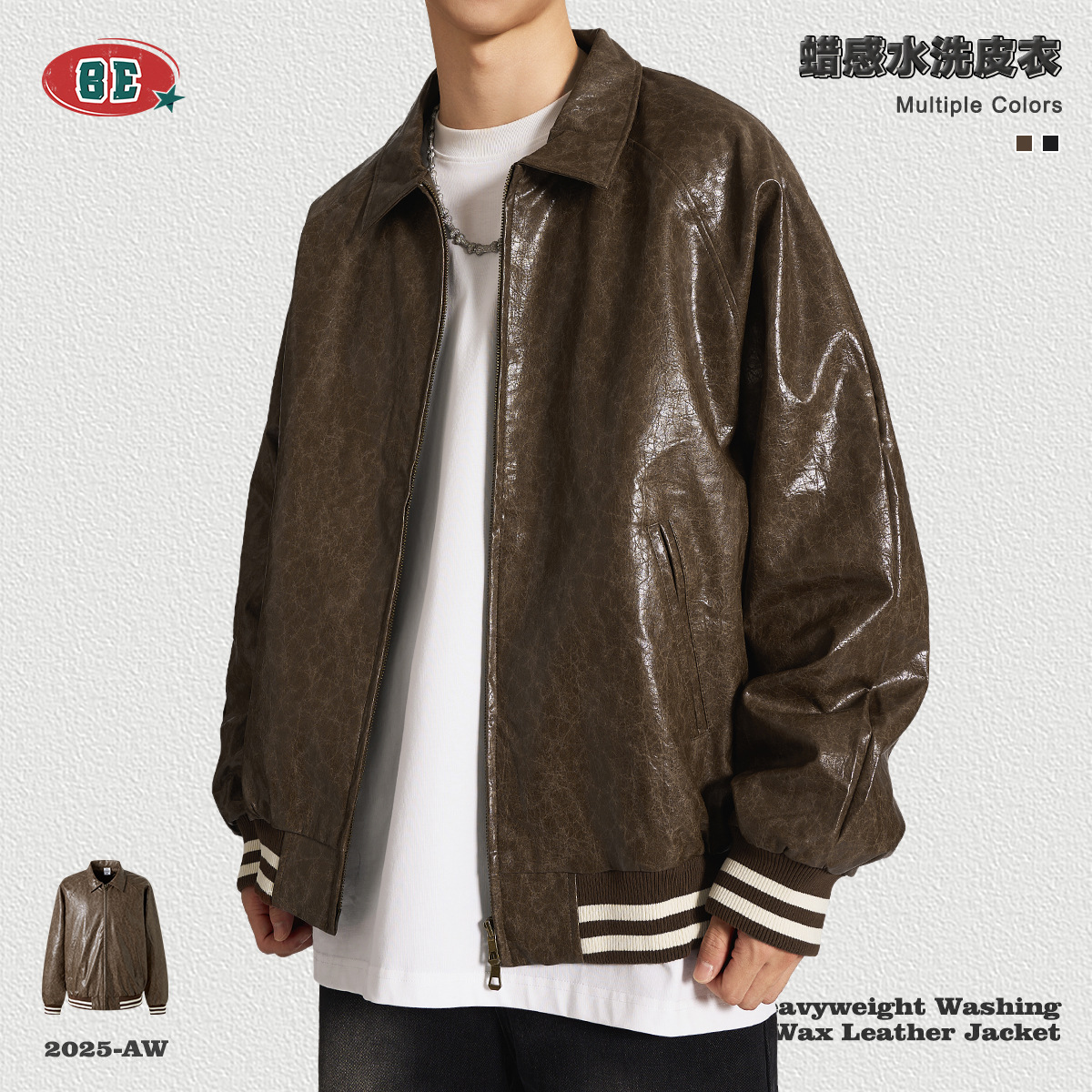 Ropa para Hombre BE, Chaqueta de Cuero Vintage con Acabado Encerado Pesado, Otoño/Invierno 2025, Ropa de Calle de Marca Moderna, Estilo Barn, Tendencia Masculina