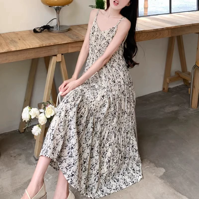 Очень большой размер - летнее ретро-платье на подтяжках с цветочным принтом для женщин, свободная повседневная длинная юбка, летняя