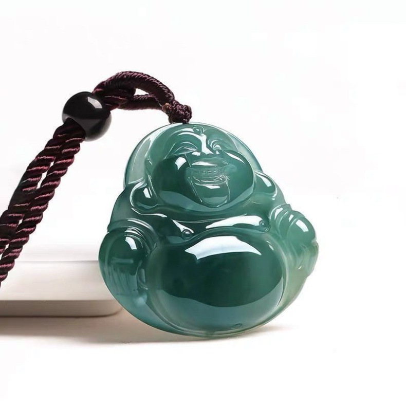Mặt dây chuyền ngọc bích tự nhiên A hàng Phật Di Lặc dát vàng 18K cho nữ chi tiết 6