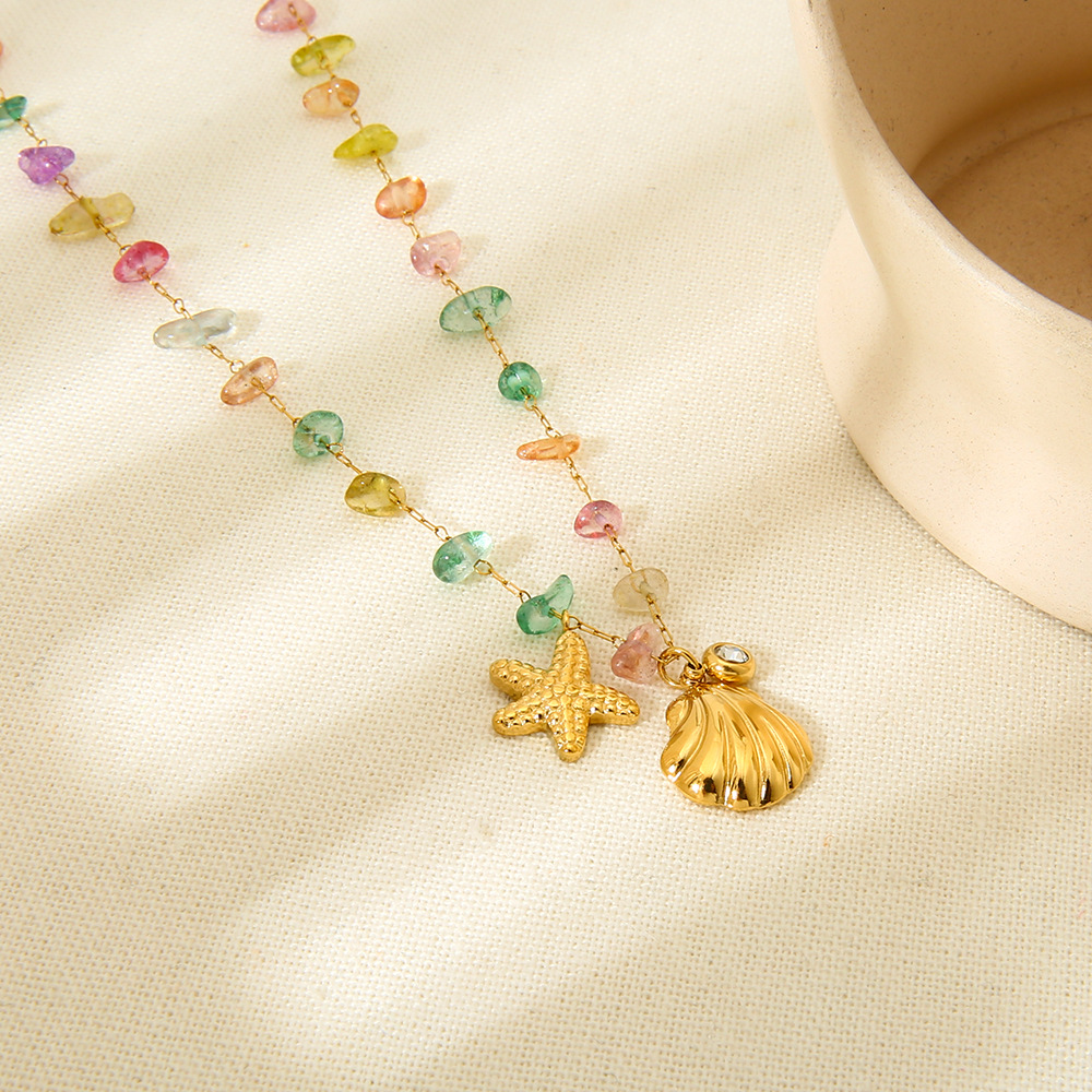 Outdoor, Beach Occasion 304 Stainless Steel, gravel Material Wholesale Jewelry Fairy Style Marine Style Modern Style Starfish Shell 304 Stainless Steel Gravel 18K Gold Plated Plating Cable Chain Bracelets Necklace