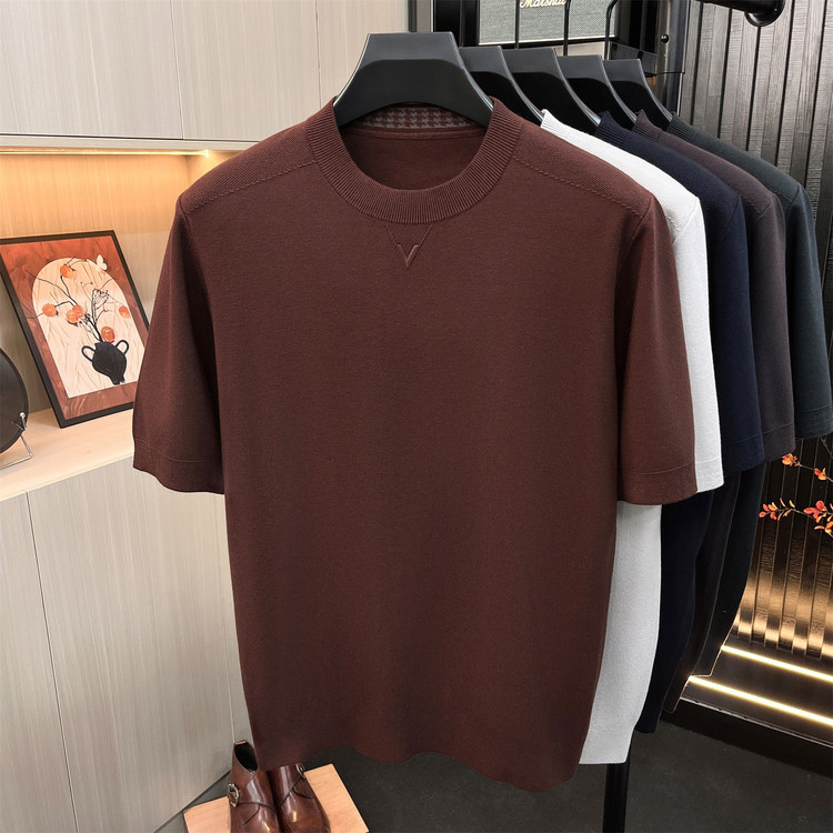 Autumn men's short-sleeved knit top, round neck, loose-fitting base layer, with a touch of wool, casual and versatile T-shirt