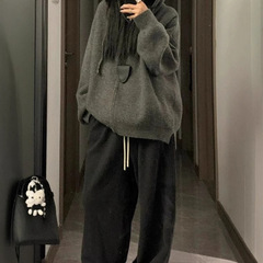 慵懒老钱风灰色拉链连帽毛衣外套女秋冬季软糯浣熊绒针织卫衣开衫