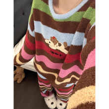 跨境批发多巴胺撞色条纹半边绒睡衣女秋冬季新加厚加绒家居服套装
