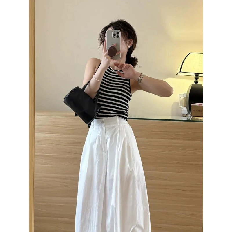 2025年超人気夏服、韓国風通勤風ストライプベストとワイドパンツの2点セット|undefined