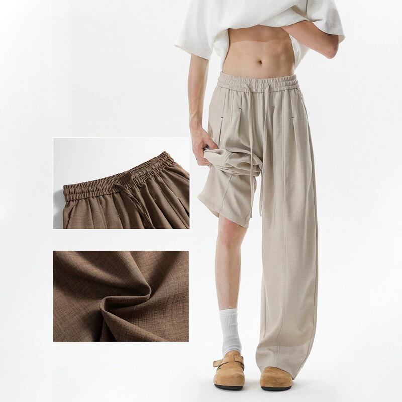 Trendy Retro Faux Linen Casual Pants for Men, Summer High Street Deconstructed Drapey Wide-Leg Pants, American-Style Thin Floor-Length Pants