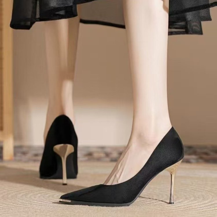 Foreign Trade Metal Toe Cap Anti-Kick Pointed Toe Stiletto Suede Satin High Heels Women's Solid Color Sexy Thick-Soled Work Heels Foreign Trade Metal Toe Cap Anti-Kick Pointed Toe Stiletto Suede Satin High Heels Women's Solid Color Sexy Thick-Soled Work Heels