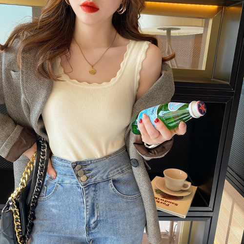 Ruffle Strap Design Minority Outerwear Suit Knitted Underwear Vest Women's Short Sleeveless Vest Top 