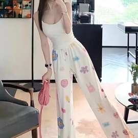 迹逅甜美学院风hiphop印花图案休闲裤子女夏季宽松高腰显瘦阔腿裤
