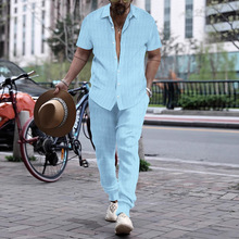 新款亚马逊欧美跨境夏季男装提花条纹衬衫休闲宽松短袖长裤沙滩套