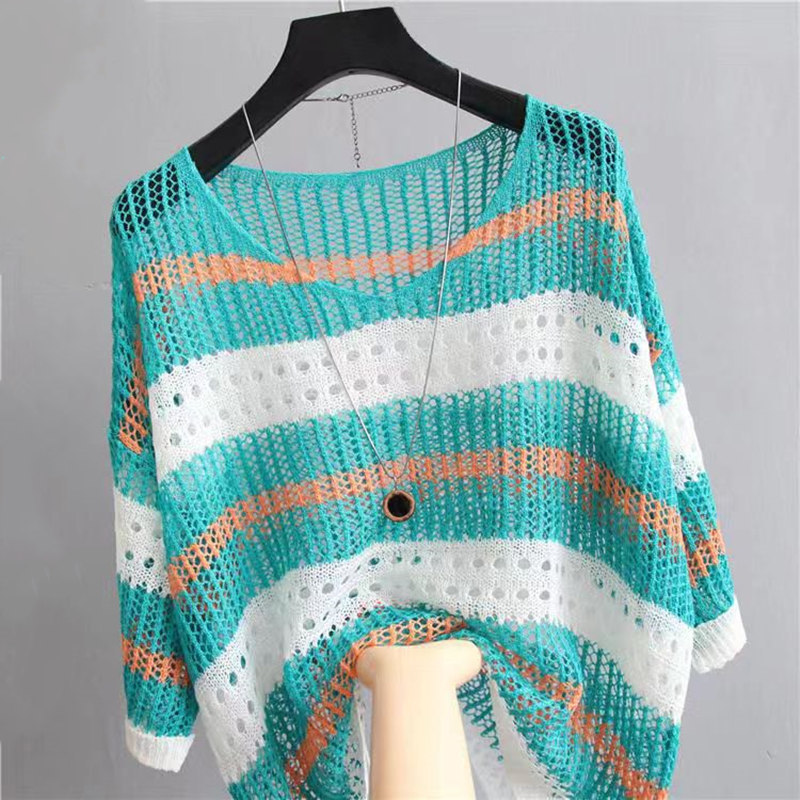 다채로운 중공 줄무늬 2023 새로운 얼음 실크 니트웨어 느슨한 복고풍 스타일 풀오버 얇은 세련된 블라우스 태양 보호 의류