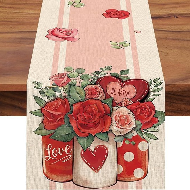 Caminos de mesa transfronterizos para el Día de San Valentín, decoración del hogar de Amazon, mantel de lino con estampado estilo nórdico para sala de estar y comedor