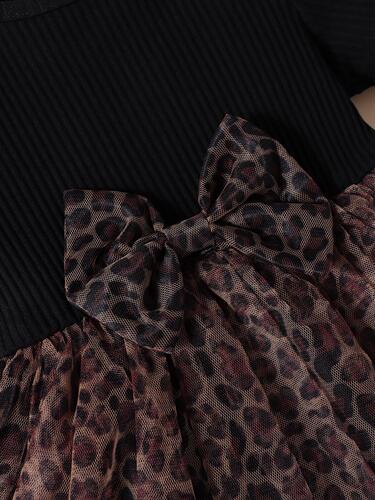 Baoxin children's clothing summer European and American children's pullover cotton pit strip short-sleeved leopard print mesh bow girl's dress