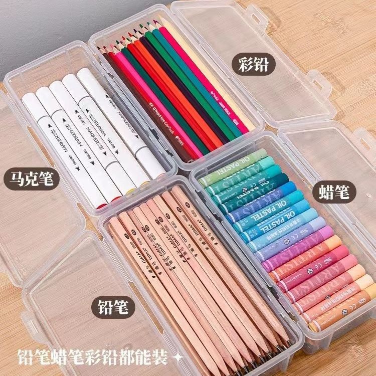 Caja de almacenamiento de lápiz de papelería transparente de gran capacidad caja de almacenamiento de plástico de plomo de color para niños caja de dibujo de lápiz