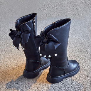 Girls' Leather Boots children's 2023 New Autumn Spring and Autumn long high boots princess Western style autumn and winter fleece-lined