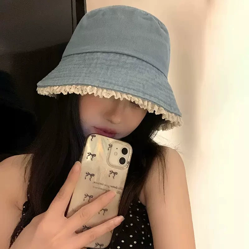 Washed lace edge denim sun hat for women, versatile fisherman hat for spring and summer travel, anti-UV, face-showing small basin hat
