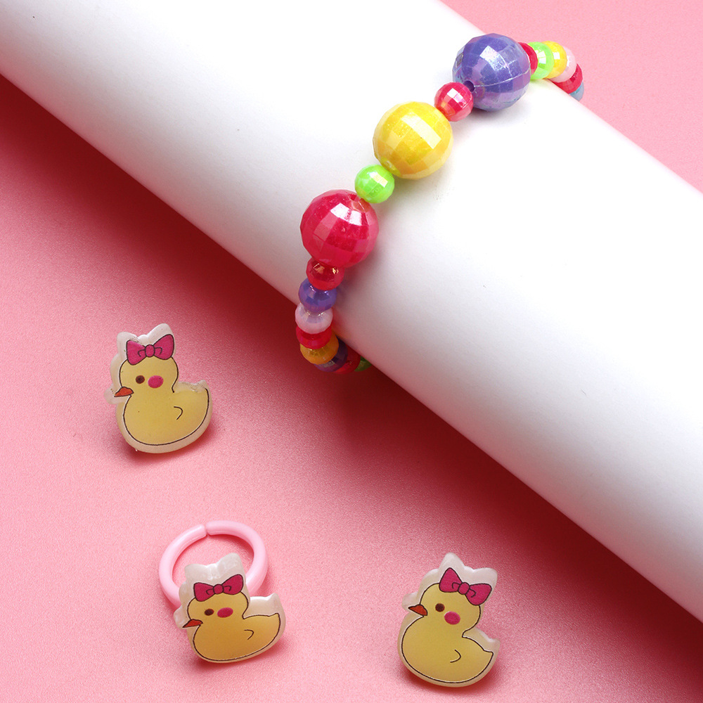 Cute Duck Resin Beaded No Inlaid Rings Bracelets Earrings 3 Piece Set