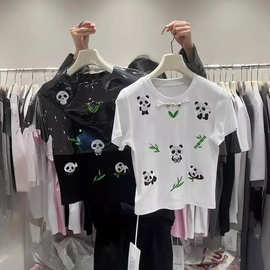 国风刺绣小熊猫短袖T恤女夏2024新款设计感小众短款正肩上衣