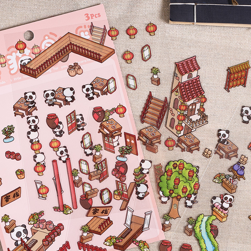 Panda casa 3D estereoscópio paisaje pet pegatinas diy creativo miniatura dibujos animados contabilidad decoración escenas pegatinas de puzzle