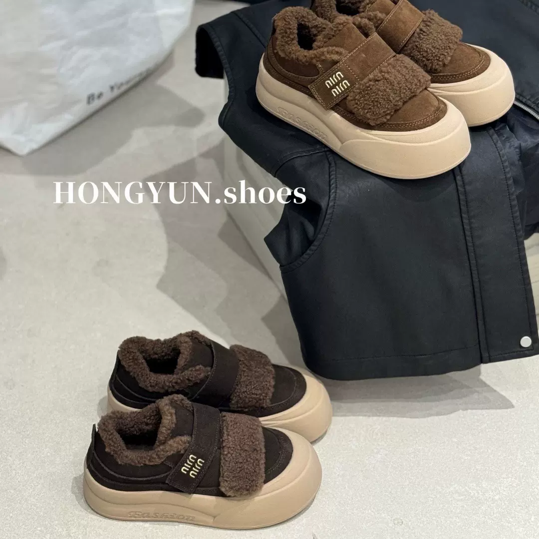 红韵～厚底圆头百搭魔术贴加绒加厚毛毛鞋女款2025冬季新款棉板鞋