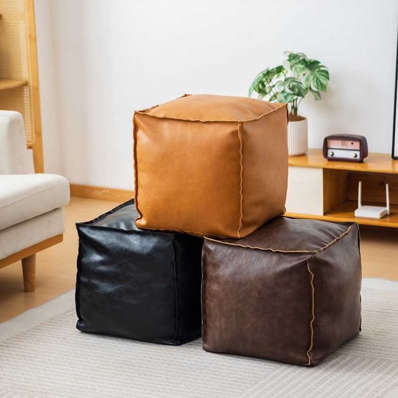 Leather Ottoman Storage Bag for Old Clothes, Sofa Low Stool, Living Room Seating, Bay Window, Lazy Leather Adult