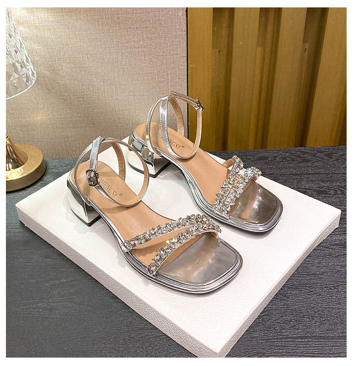 Sandal nữ gót thô 5 cm hở mũi đính đá kiểu Pháp — Màu bạc, Màu mơ, Màu đen chi tiết 25