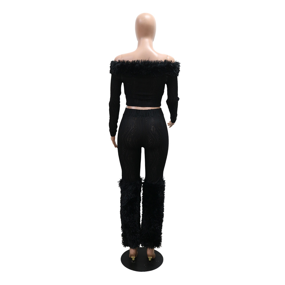 Women Long Sleeved off Shoulder Top Slim Trousers Furry Two Piece Set