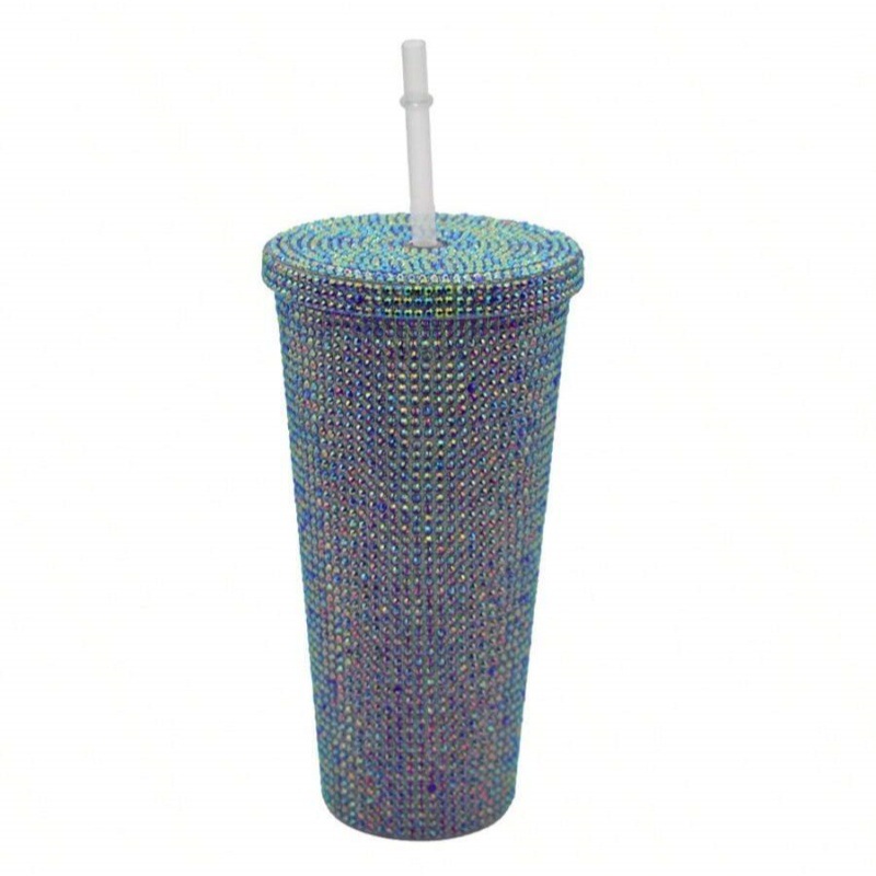 Vaso de agua adelgazante con incrustaciones de diamantes de imitación, vaso de doble capa para bebidas frías, vaso con pajita de diamantes de imitación de alto valor, vaso de agua creativo de gran capacidad con diamantes de imitación.
