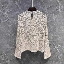 高级圆领钩花喇叭袖蕾丝衫女欧货春秋季气质法式上衣61N05 十三行