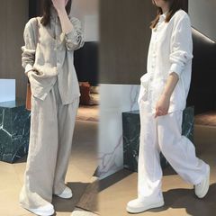 棉麻套装女2025夏季韩版时尚小众休闲运动棉麻衬衫阔腿裤两件套装