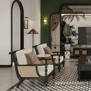Nanyang Style Solid Wood Living Room Villa Leisure Sofa Black Hollow Carved Old Rattan Armrest Sofa Combination